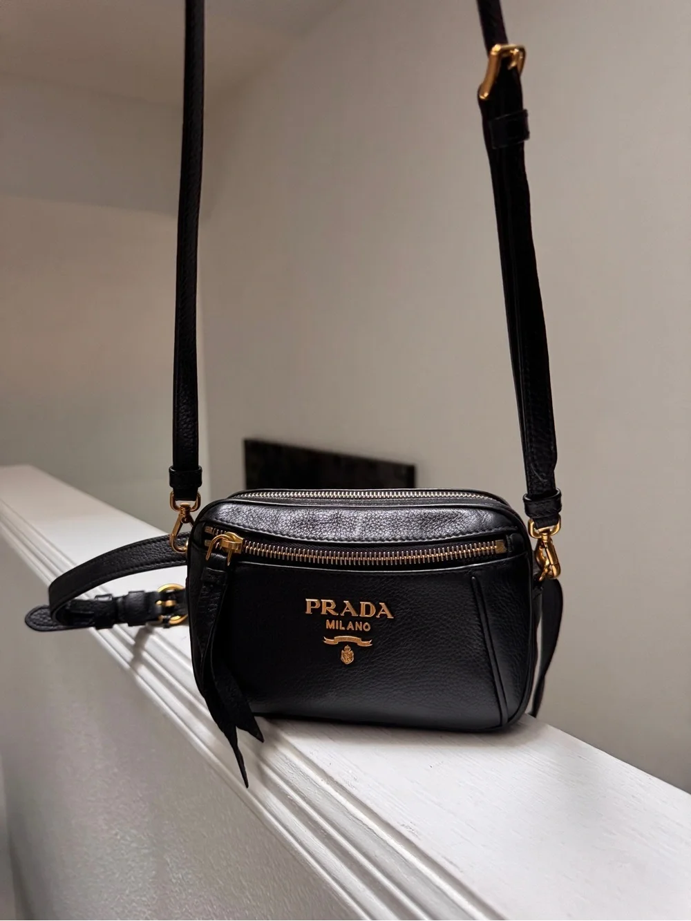 Prada Black Leather Crossbody with Gold Logo